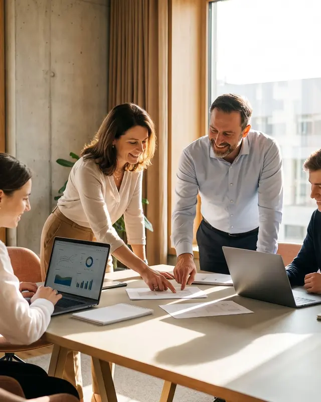 Une responsable marketing et un directeur collaborent avec leur équipe dans les bureaux d'une entreprise B2B.