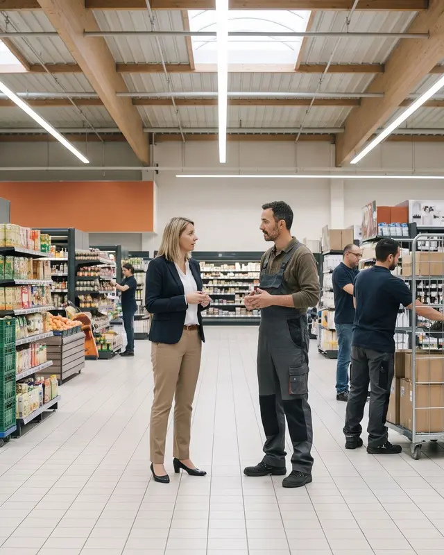Une responsable de magasin échange avec un collaborateur dans un hypermarché avant l'ouverture.