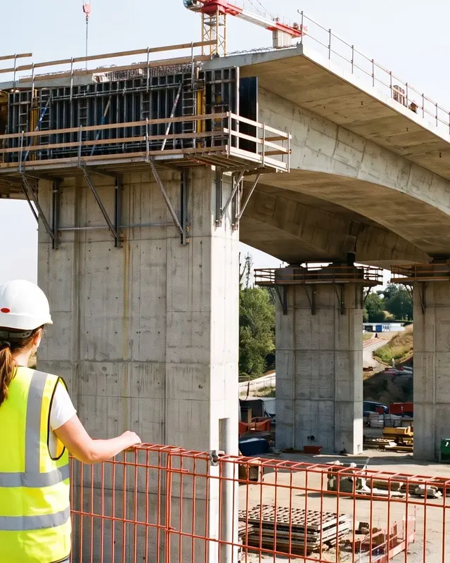 Deux professionnels du BTP casqués et en gilet jaune observent un chantier de viaduc en béton en construction.