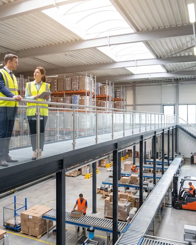Deux responsables en gilet de sécurité supervisent l'activité au sein d'un grand entrepôt logistique.