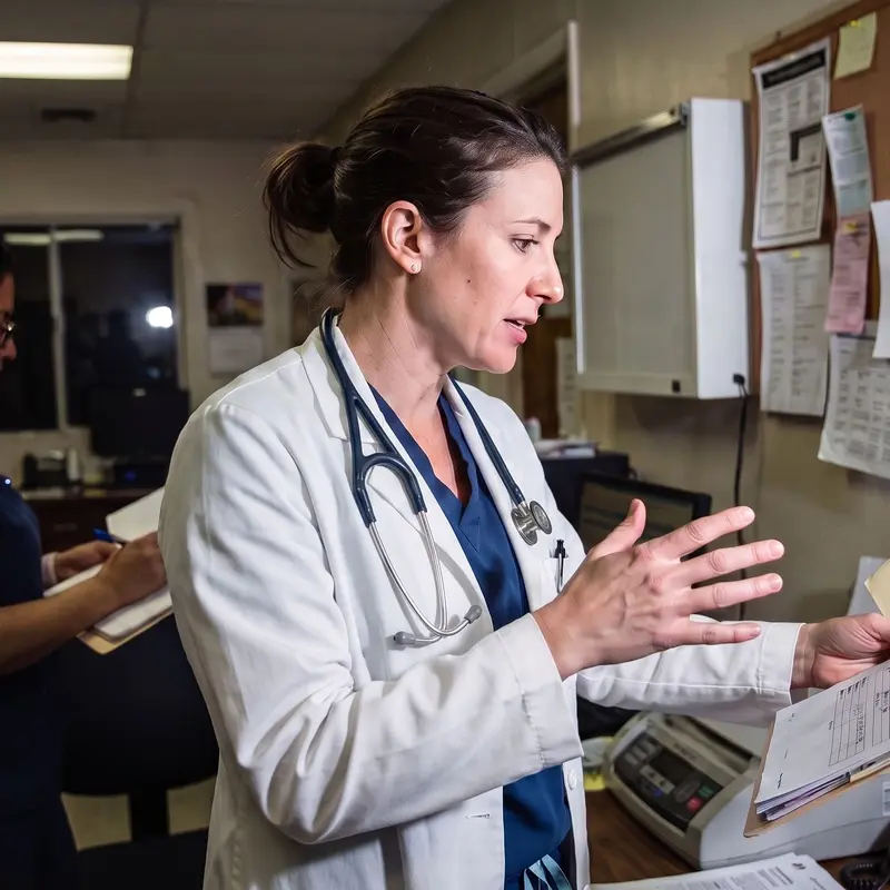 Une médecin en blouse blanche avec un stéthoscope analyse un dossier médical avec un collègue.