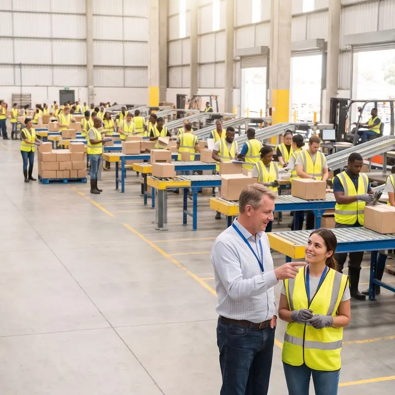 Des préparateurs de commandes s’activent au sein d’une grande plateforme logistique en activité.