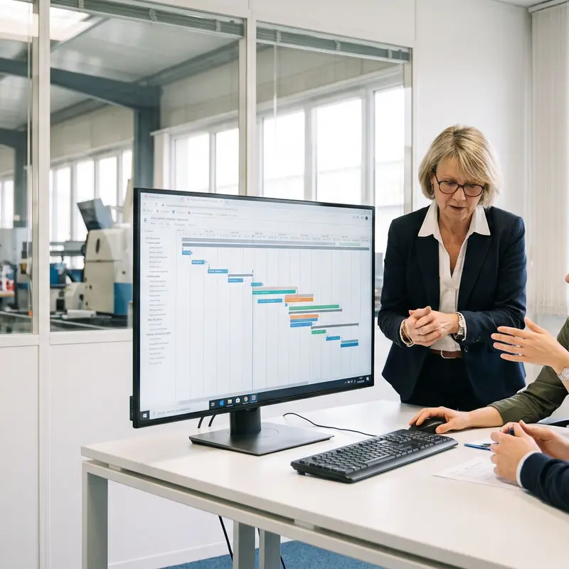Trois professionnels analysent un planning de projet industriel affiché sur un écran de bureau.