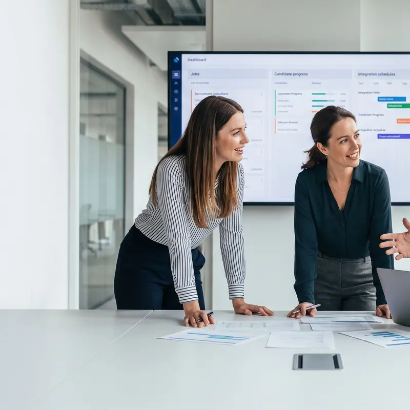 Trois professionnels échangent et collaborent autour d'un ordinateur dans un bureau moderne.