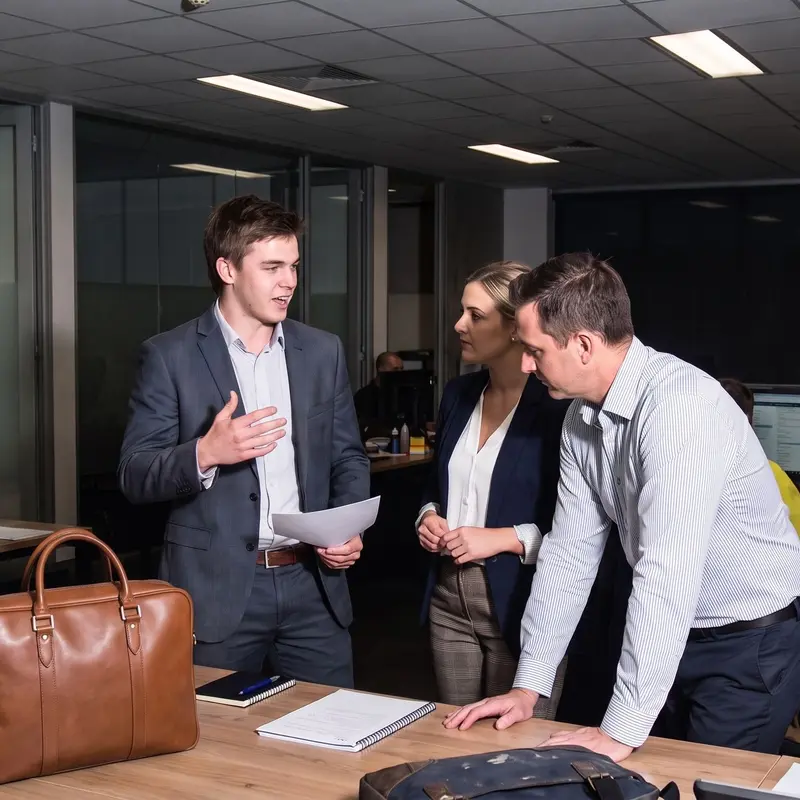 Trois collaborateurs échangent et collaborent au sein d'un bureau moderne.