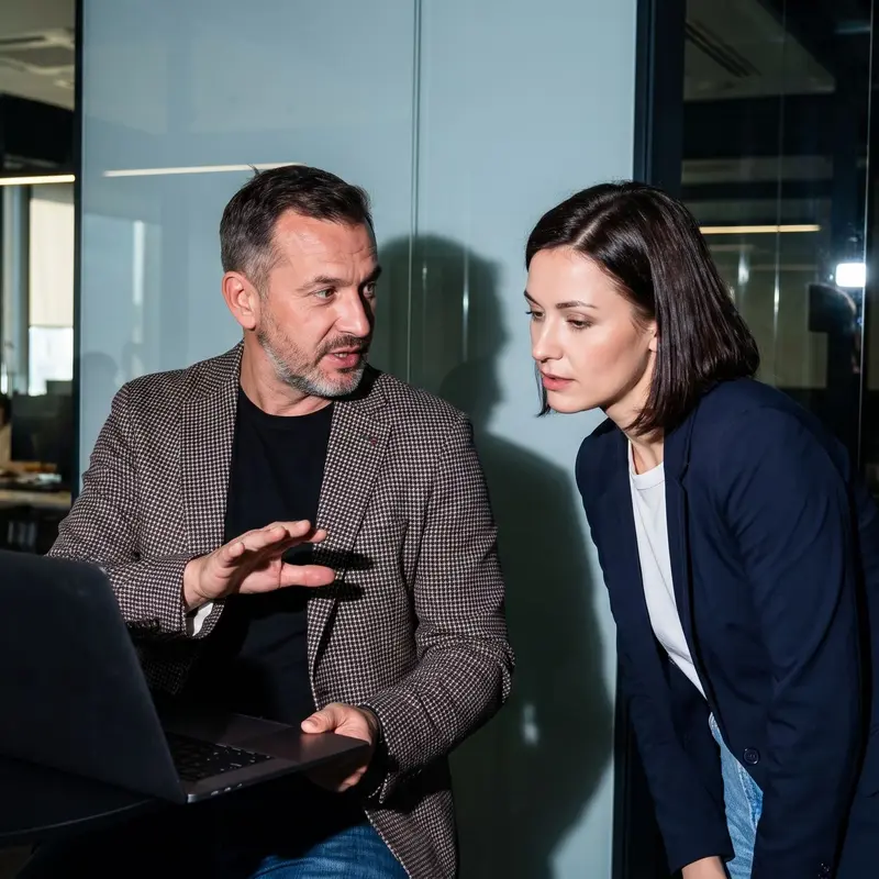 Un manager et une recruteuse échangent devant un ordinateur portable dans un bureau contemporain.