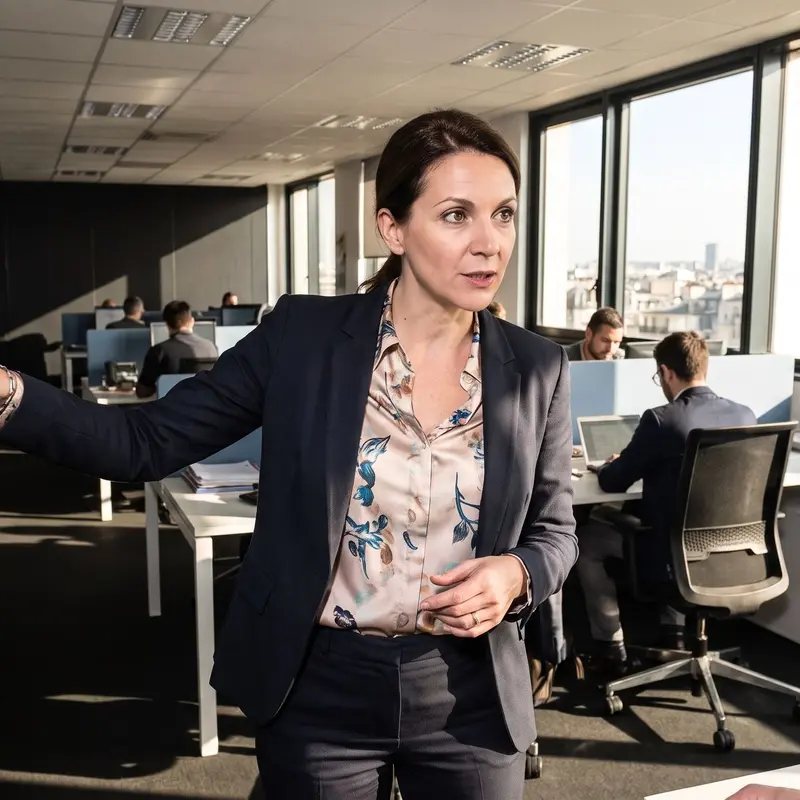 Une manager de transition montre des informations sur un écran à un collaborateur dans un bureau en open space.