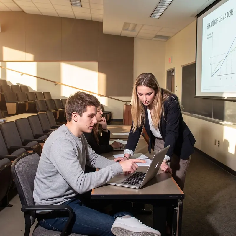 Un étudiant en formation initiale échange avec ses enseignants dans un amphithéâtre universitaire.