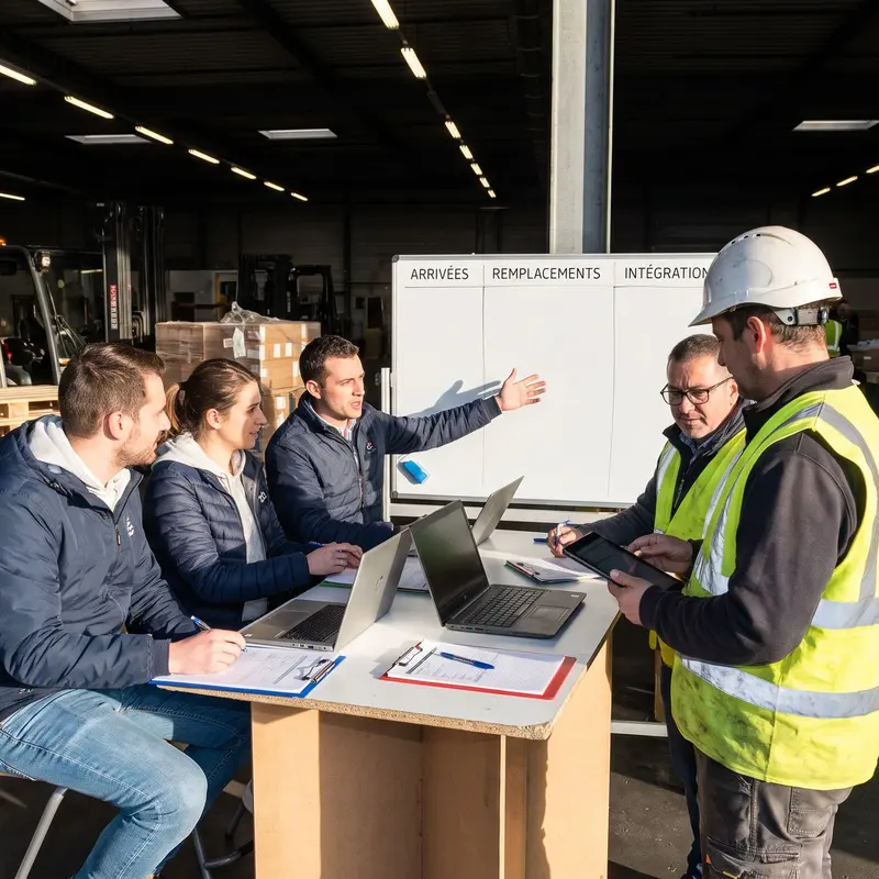 Des collaborateurs Actual échangent avec des professionnels de la logistique dans une agence hébergée sur site.