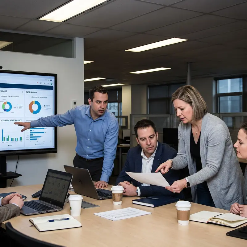 Une équipe de professionnels collabore en réunion autour de tableaux de bord et de documents de travail.
