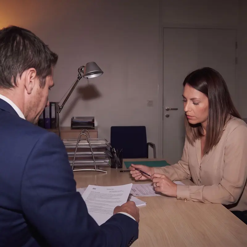 Un recruteur et une candidate étudient un contrat lors d'un entretien d'embauche pour un poste en CDI.