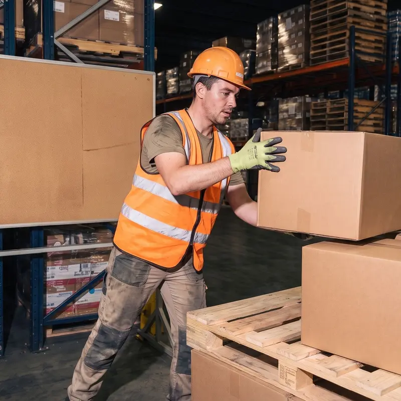 Un manutentionnaire en intérim déplace des cartons sur une palette dans un entrepôt logistique.