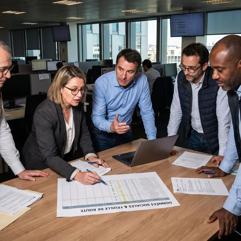 Cinq collaborateurs échangent autour d'une table sur un projet de transformation RH.