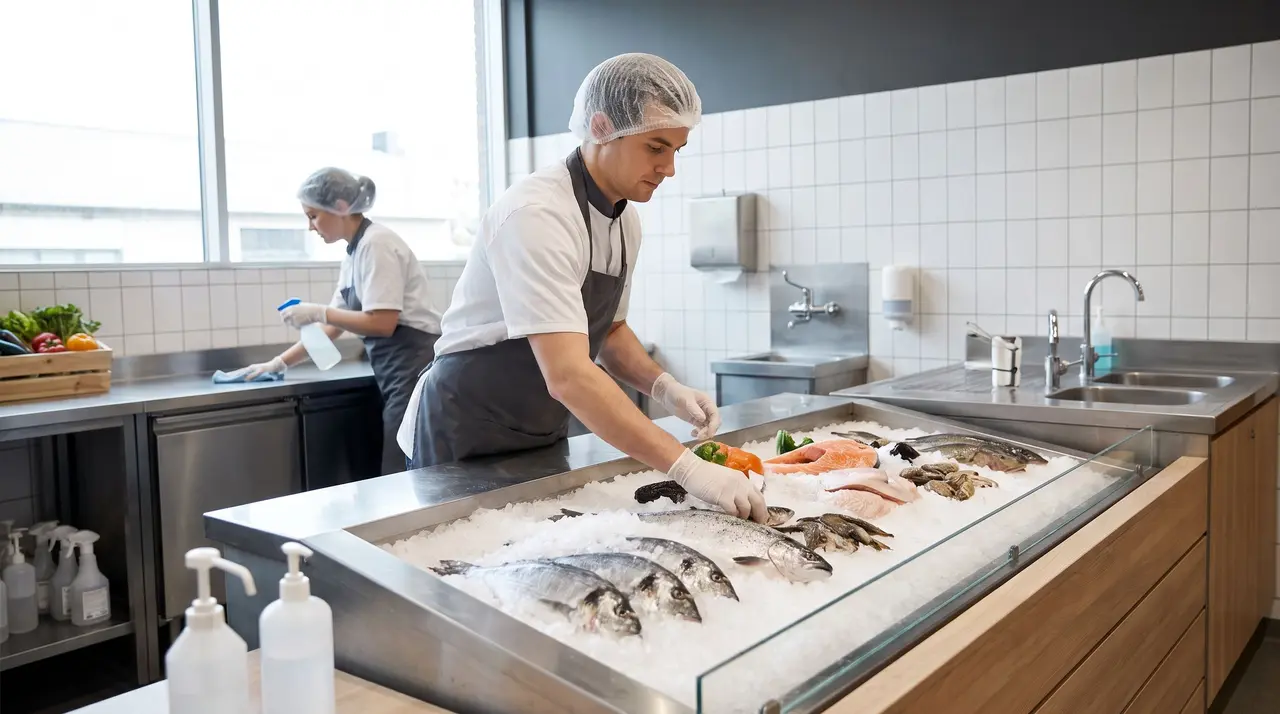 Un poissonnier dispose du poisson frais sur de la glace au comptoir traditionnel d'un supermarché.