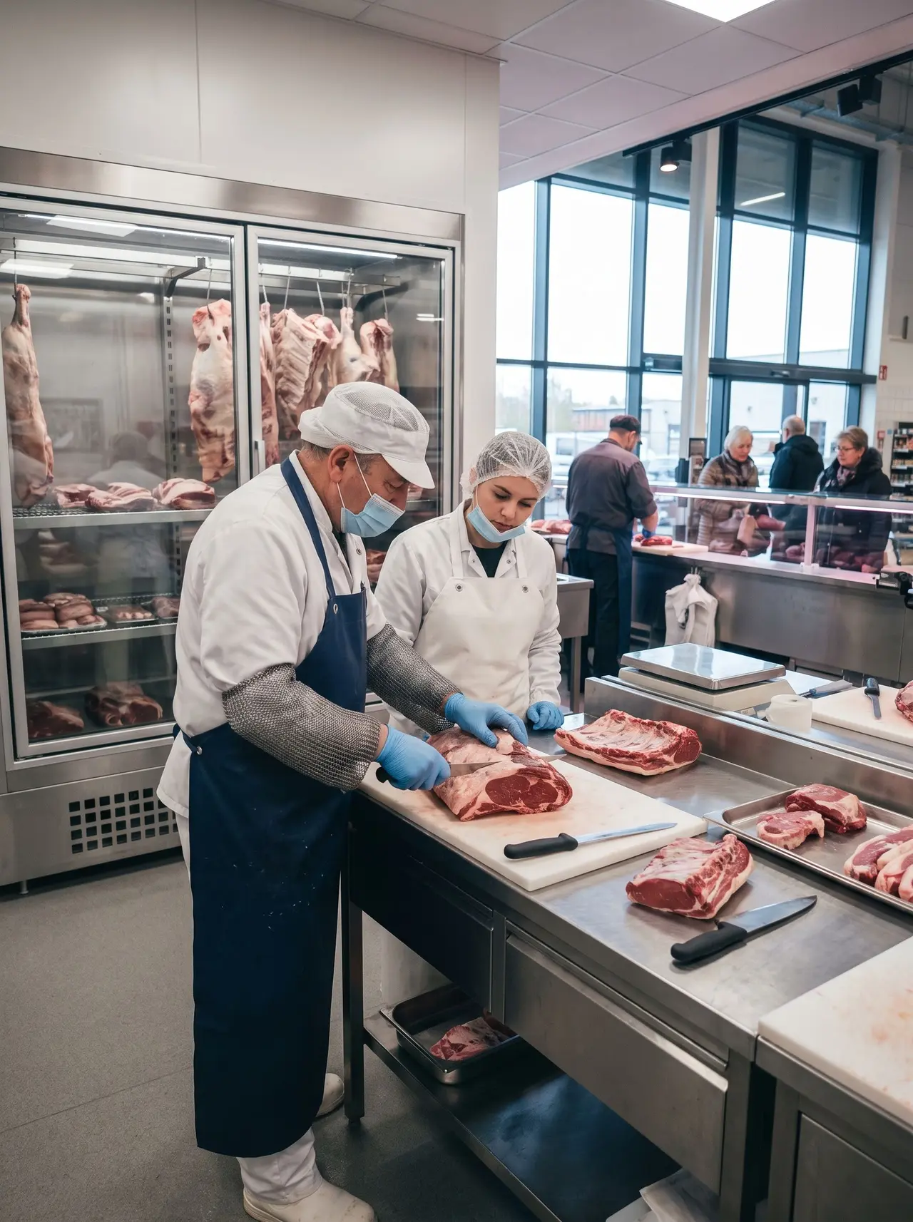 Un boucher expérimenté montre la découpe de viande à une apprentie dans le laboratoire d'un hypermarché.