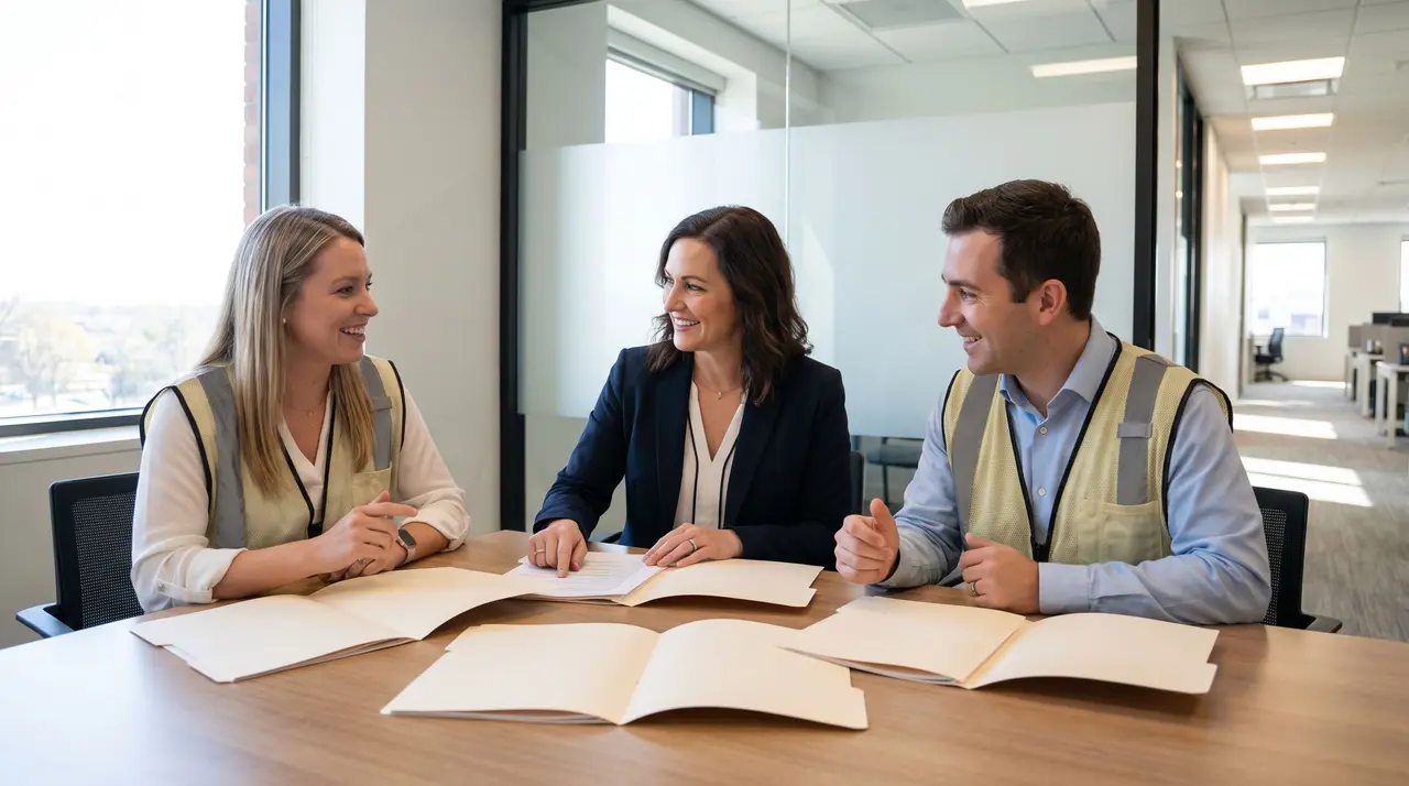 Deux juristes d'entreprise et une responsable conformité souriants échangent autour de dossiers dans un bureau.