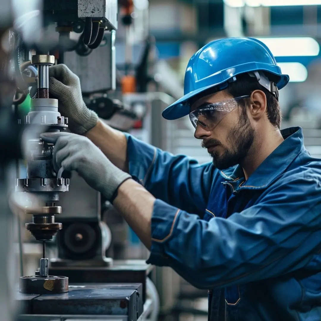 Un opérateur qualifié en casque bleu et lunettes de sécurité règle avec précision une machine industrielle.