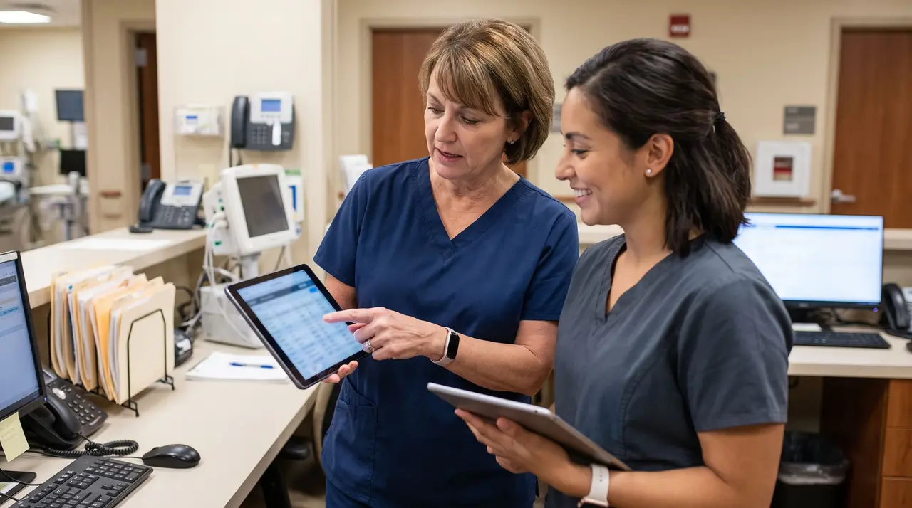 Une infirmière référente accueille une nouvelle collègue au poste de soins en lui présentant une tablette.