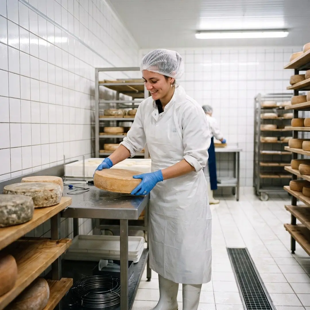 Une ouvrière fromagère en tenue d'hygiène manipule une meule de fromage dans une cave d'affinage.