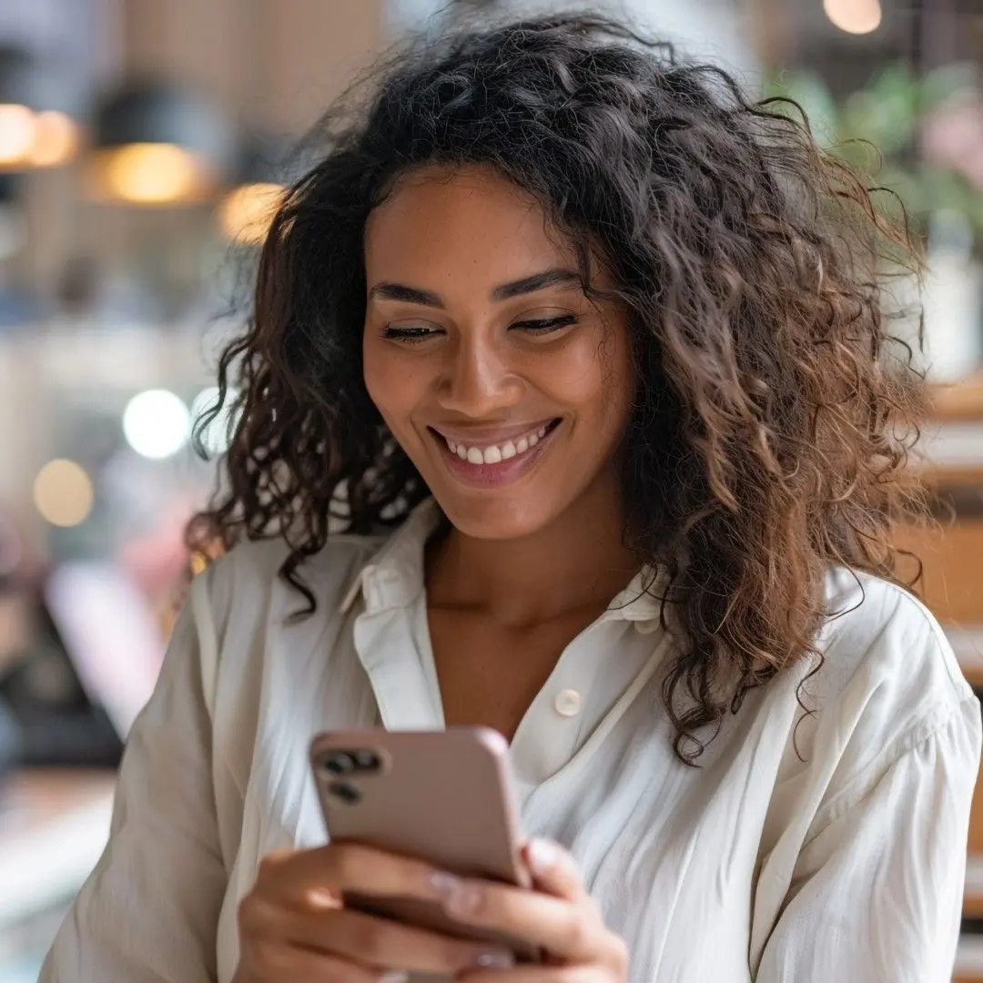 Une candidate sourit en postulant à une offre d'emploi depuis son smartphone.