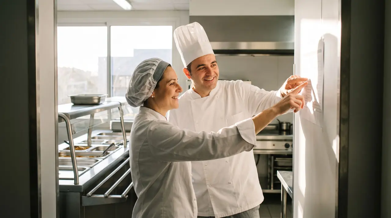 Un chef gérant échange avec une chef de cuisine devant un planning dans une cuisine professionnelle.