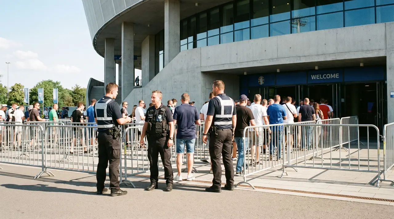 Des agents de sécurité contrôlent l'accès des spectateurs à l'entrée d'une enceinte sportive avant un événement.
