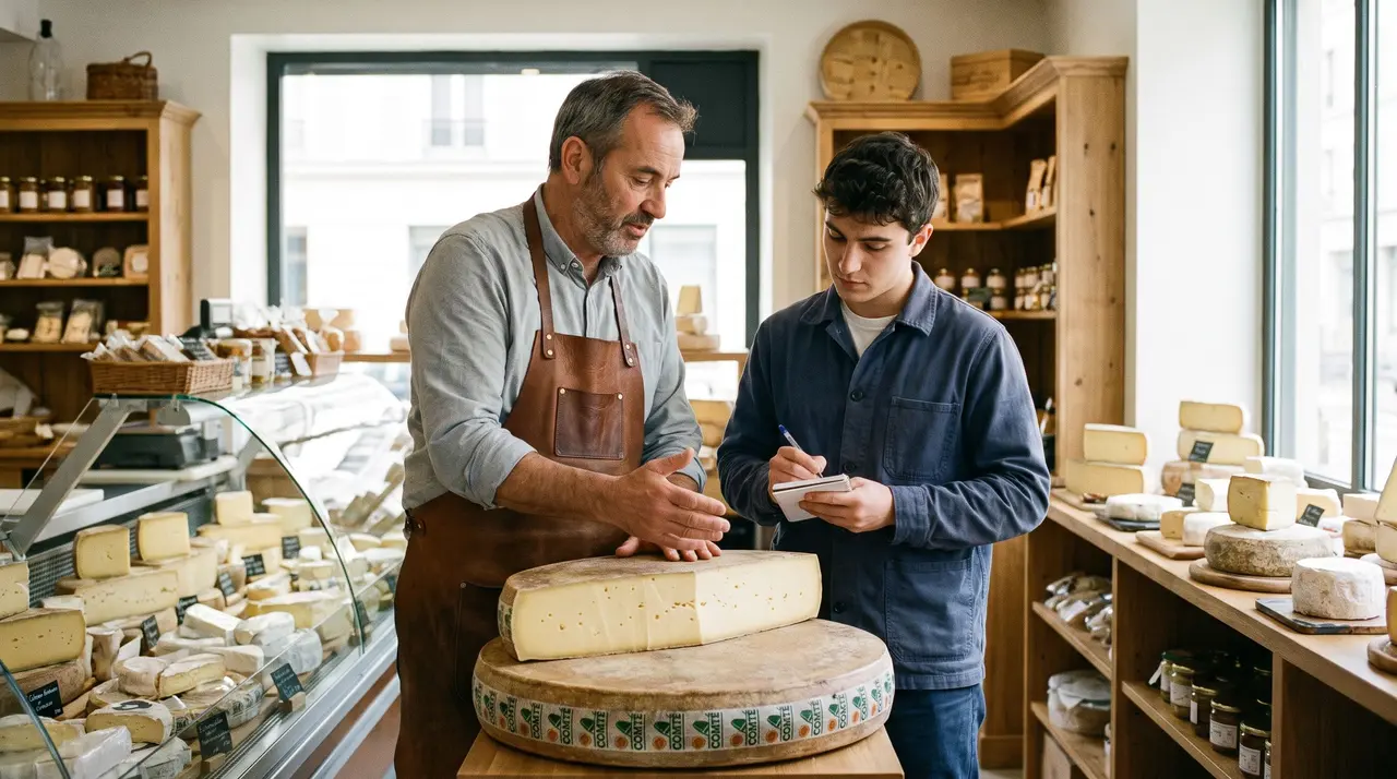 Un fromager expérimenté forme un jeune apprenti qui prend des notes dans un commerce de détail.