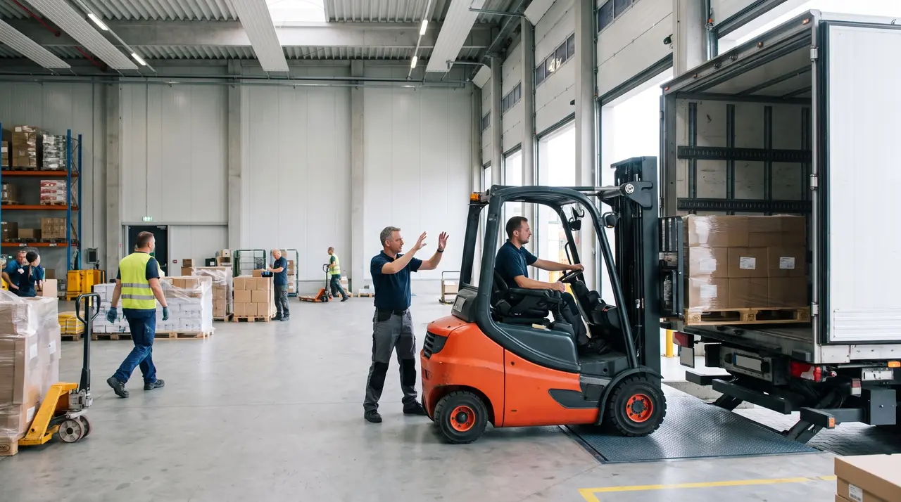 Des logisticiens et un cariste collaborent dans un entrepôt pour charger des marchandises dans un camion.