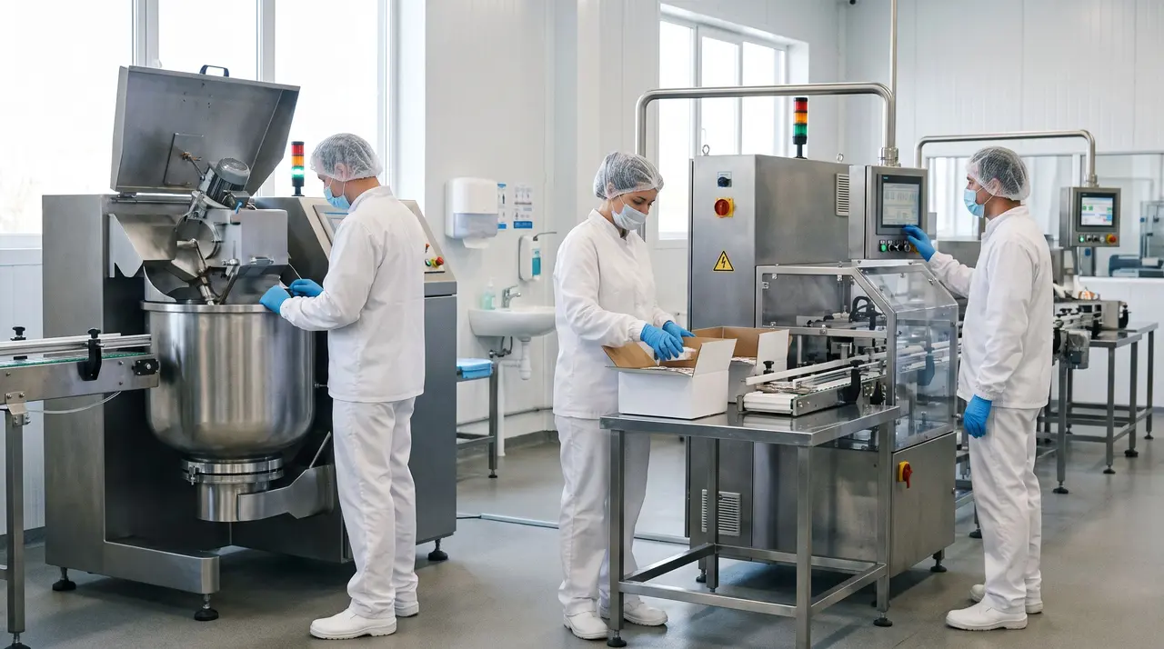 Trois opérateurs en tenue de protection travaillent sur une ligne de production agroalimentaire.