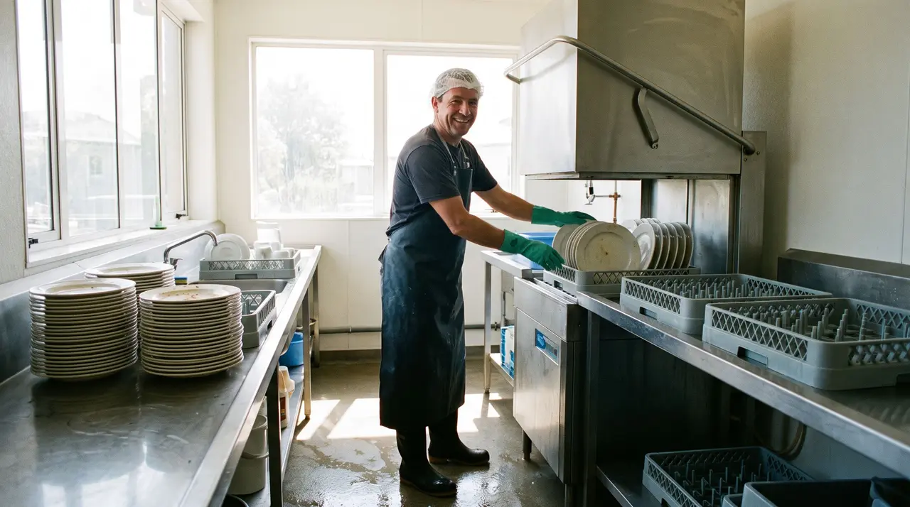 Un plongeur en tablier et gants charge des assiettes dans un lave-vaisselle professionnel en cuisine.