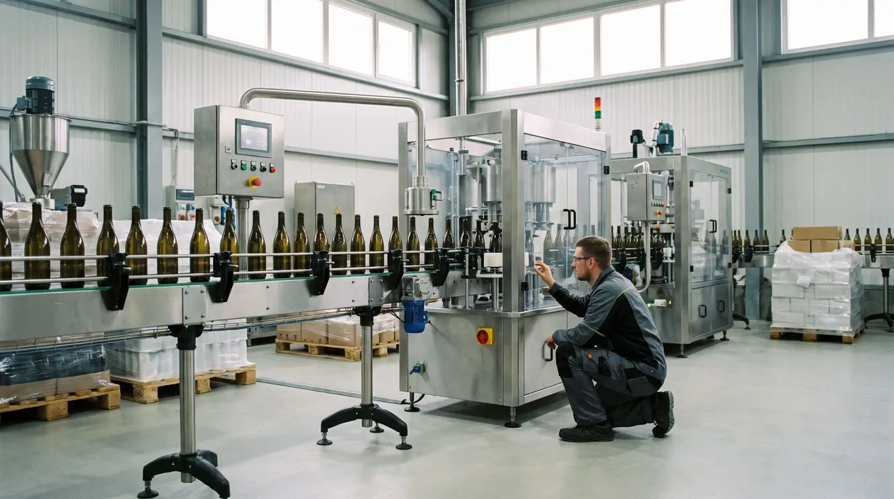 Un opérateur de production contrôle une ligne d'embouteillage de vin automatisée dans un site industriel.