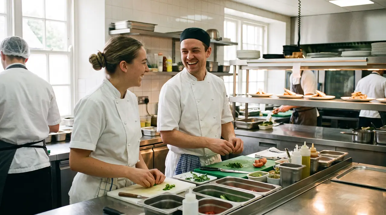 Deux cuisiniers souriants préparent des plats dans la cuisine professionnelle d'un restaurant.