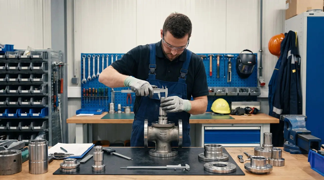Un technicien de la filière nucléaire mesure une pièce mécanique au pied à coulisse dans un atelier.