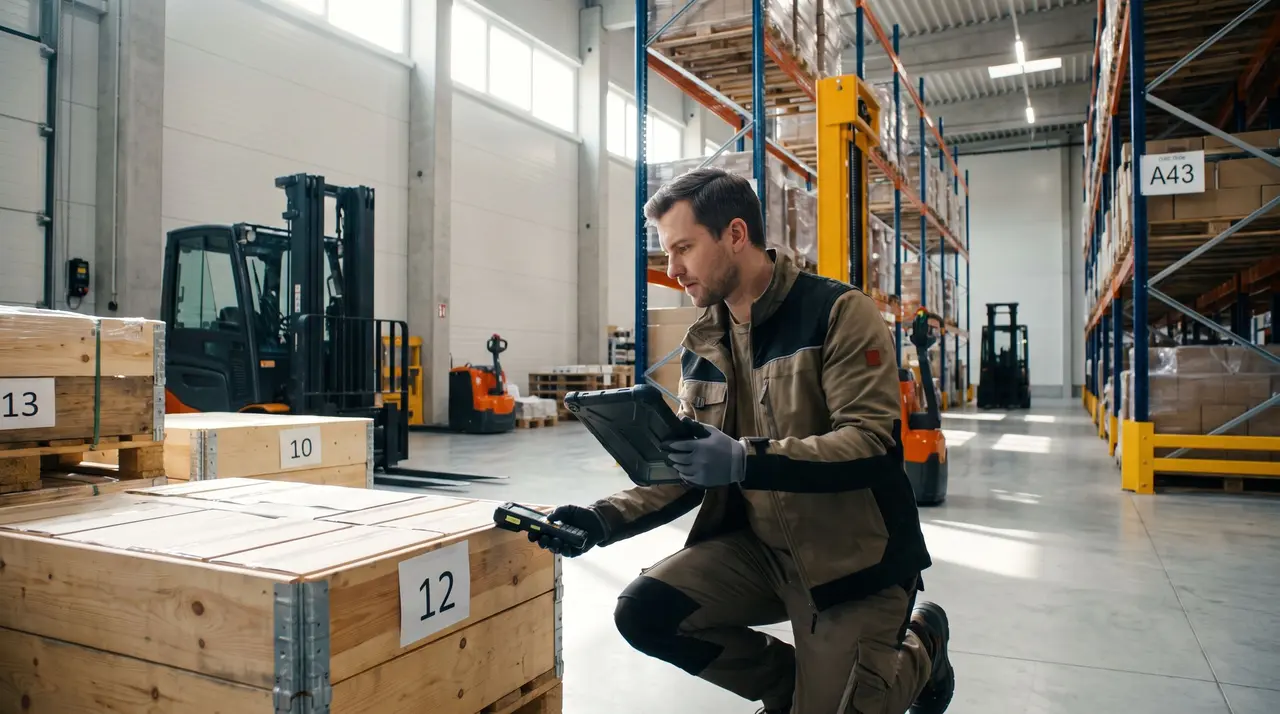 Un magasinier utilise une tablette et un scanner pour inventorier des caisses dans un entrepôt.
