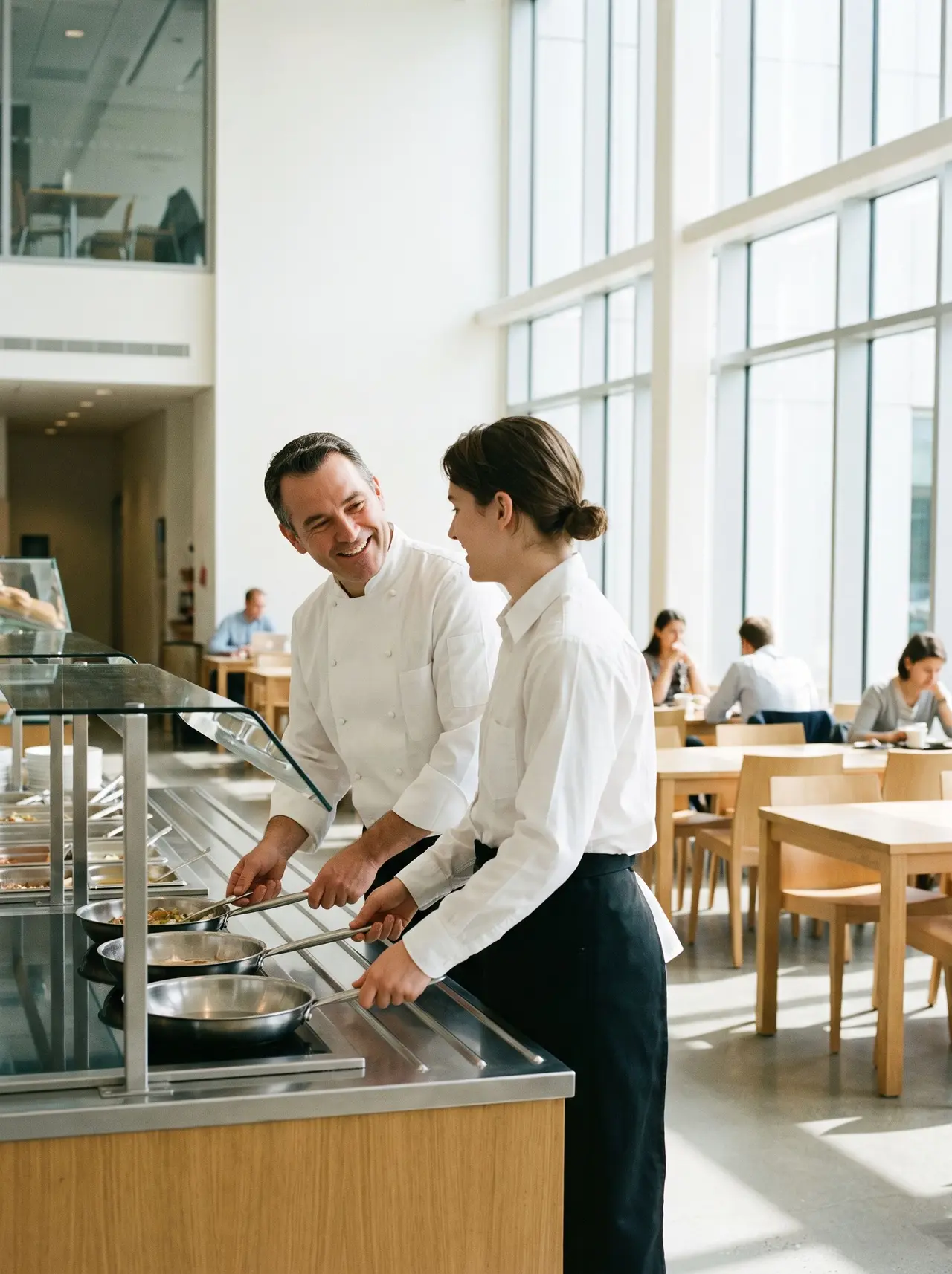 Un chef cuisinier et une serveuse préparent le service avec le sourire dans un restaurant d'entreprise.