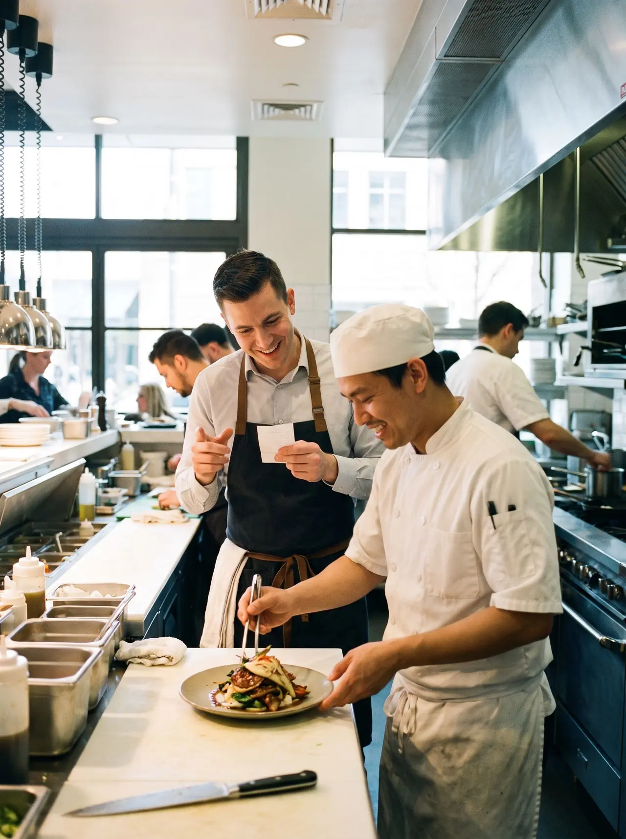 Un cuisinier dresse une assiette aux côtés d'un responsable lors du service dans la cuisine d'un restaurant.