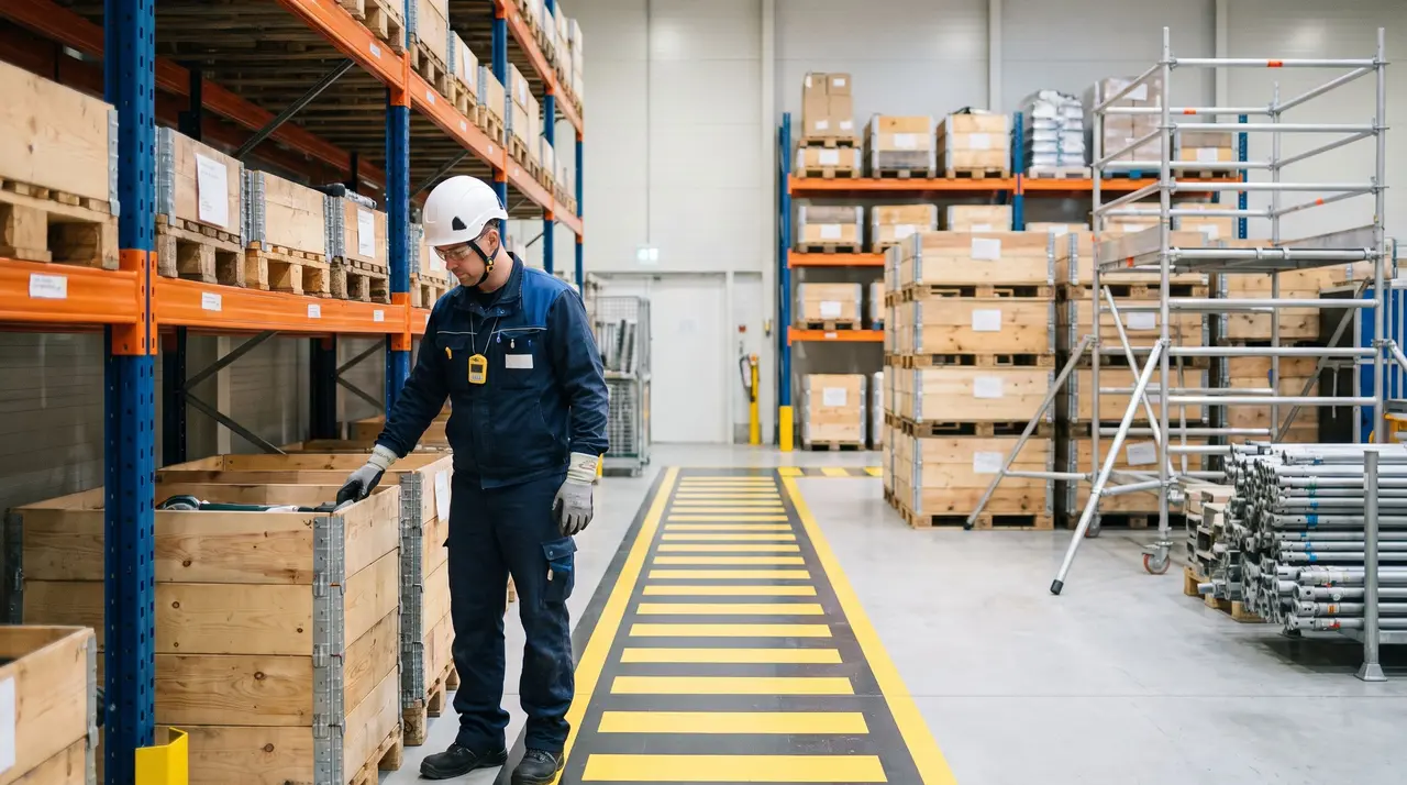 Un opérateur logistique équipé d'un casque inspecte des caisses dans l'entrepôt d'un site nucléaire civil.