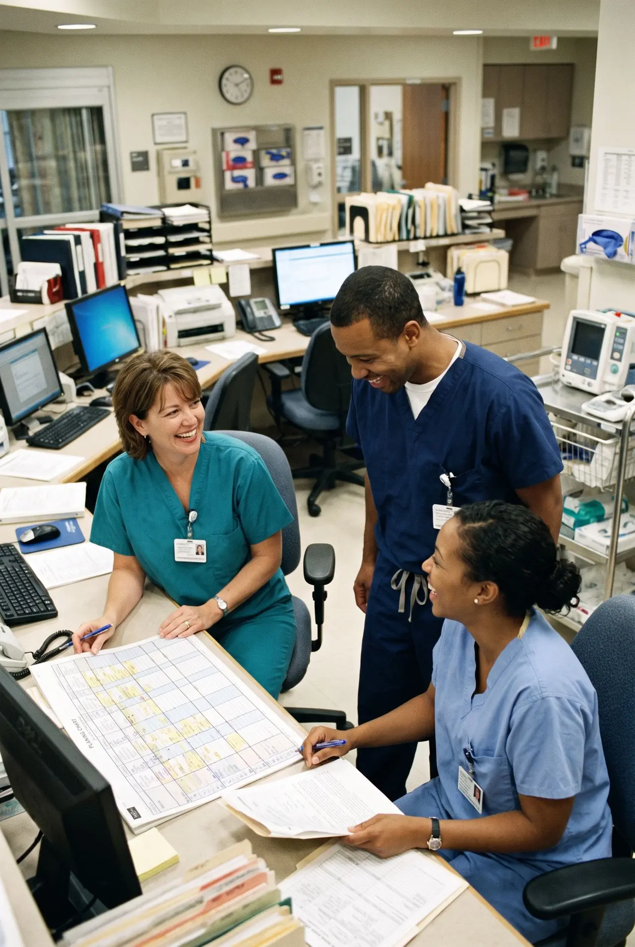 Trois professionnels de santé souriants collaborent autour d'un planning au poste de soins d'un hôpital.