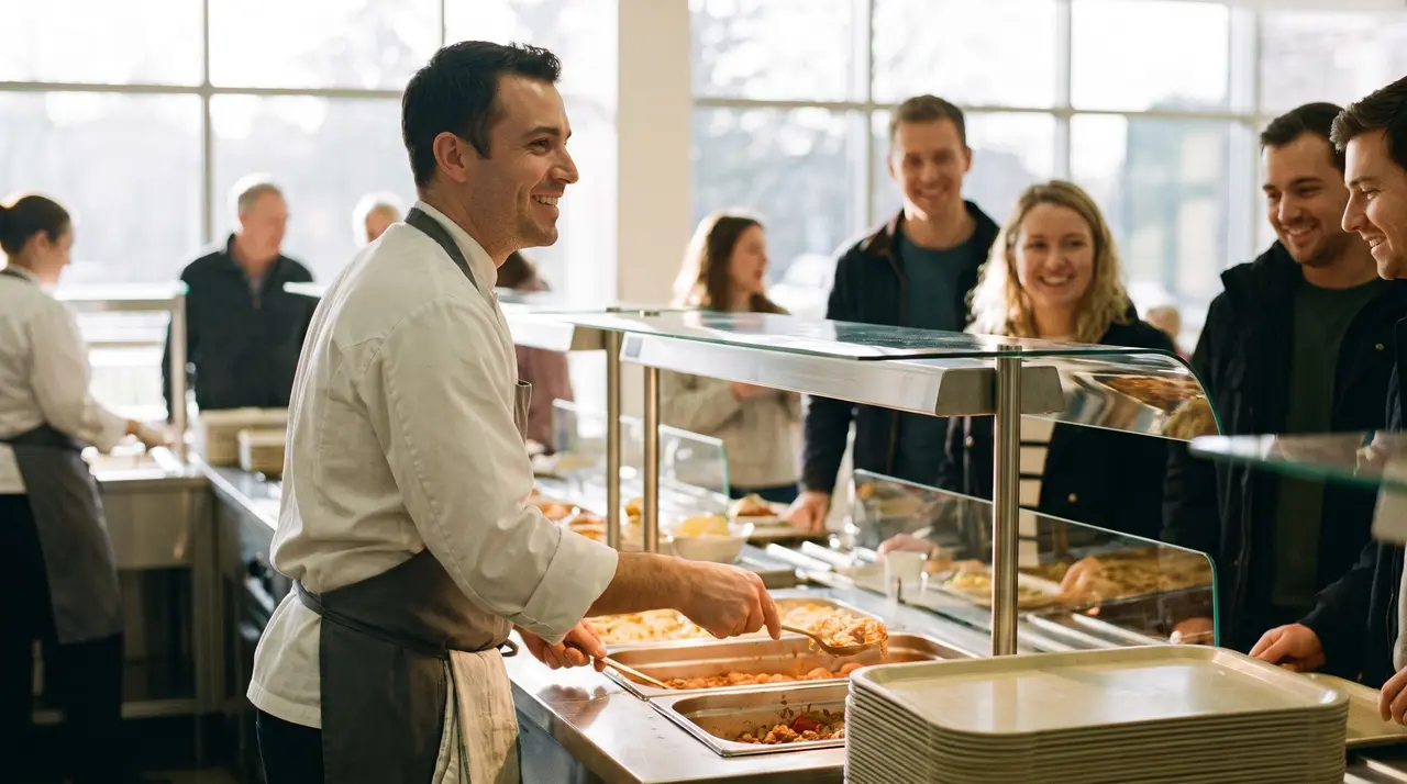 Un employé de restauration collective sert un repas chaud à des clients souriants dans un self-service.