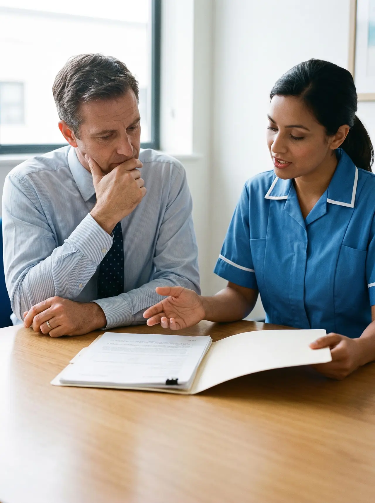 Une consultante en recrutement médical échange avec un candidat lors d'un entretien de qualification.
