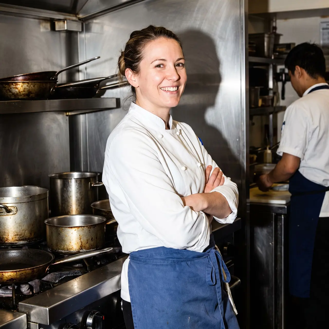 Une cheffe de cuisine d'une trentaine d'années pose en tenue professionnelle dans une cuisine de restaurant.
