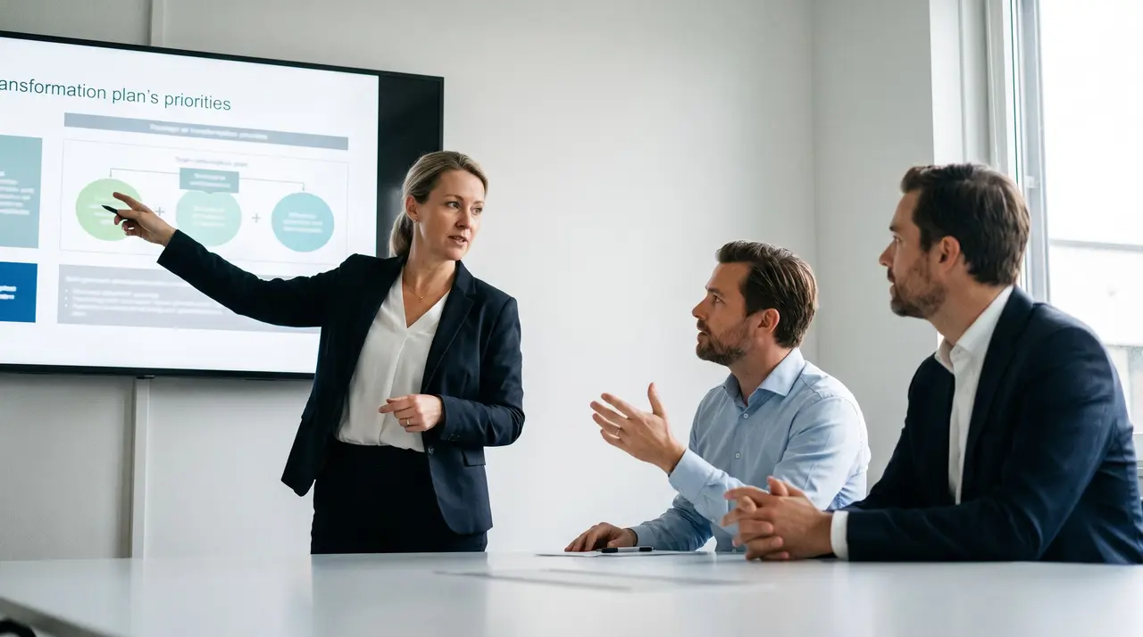 Une dirigeante de transition présente un plan de transformation à deux collaborateurs en réunion.