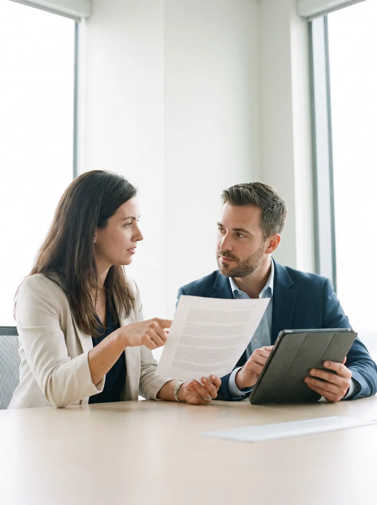 Une responsable d’entreprise et un chargé de contrats échangent autour d’un document et d’une tablette.