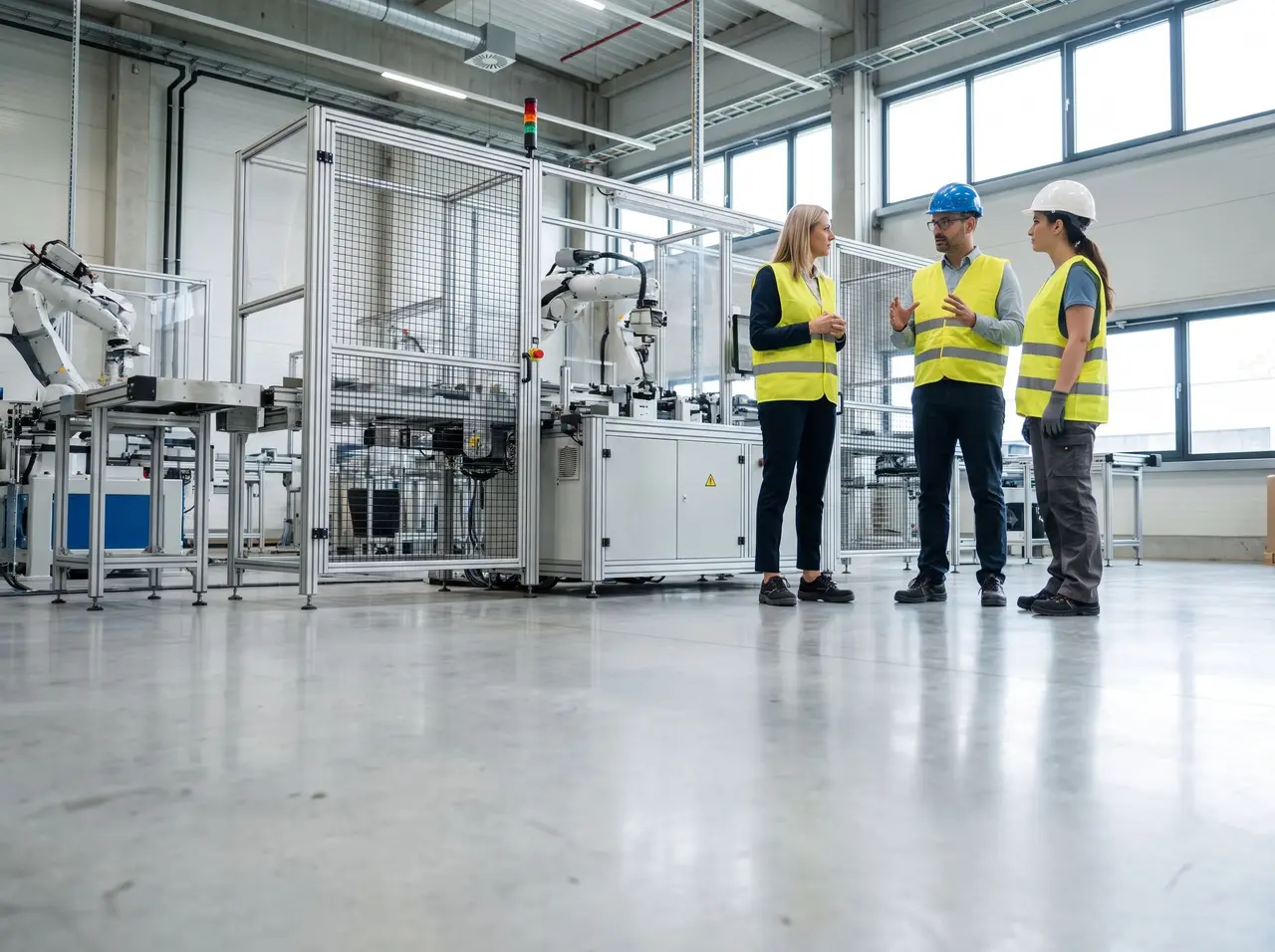 Trois professionnels en gilet de sécurité échangent lors d'une visite de terrain dans un atelier de production.