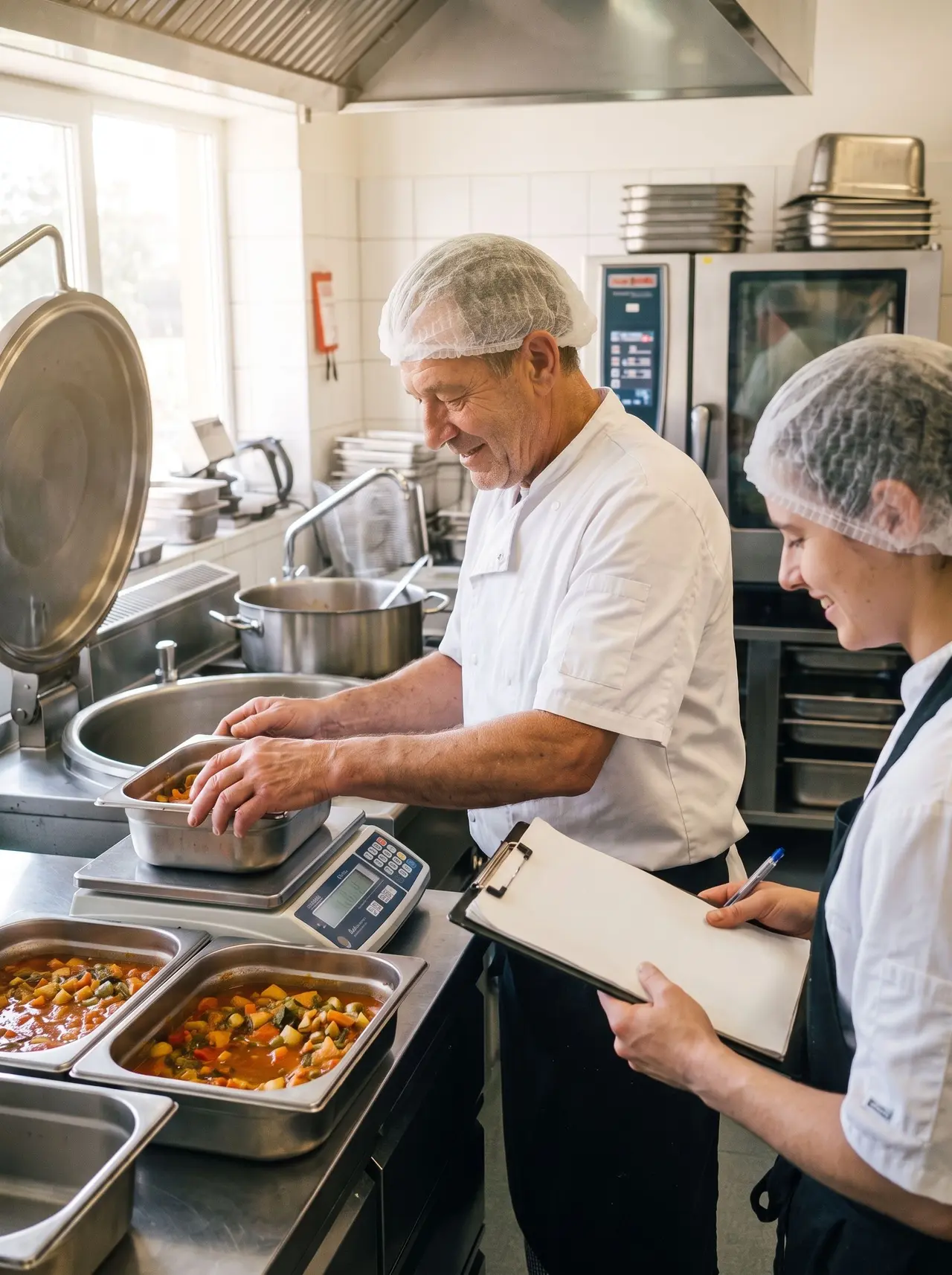 Un cuisinier pèse un plat chaud pendant qu’une collègue prend des notes en cuisine de restauration collective.