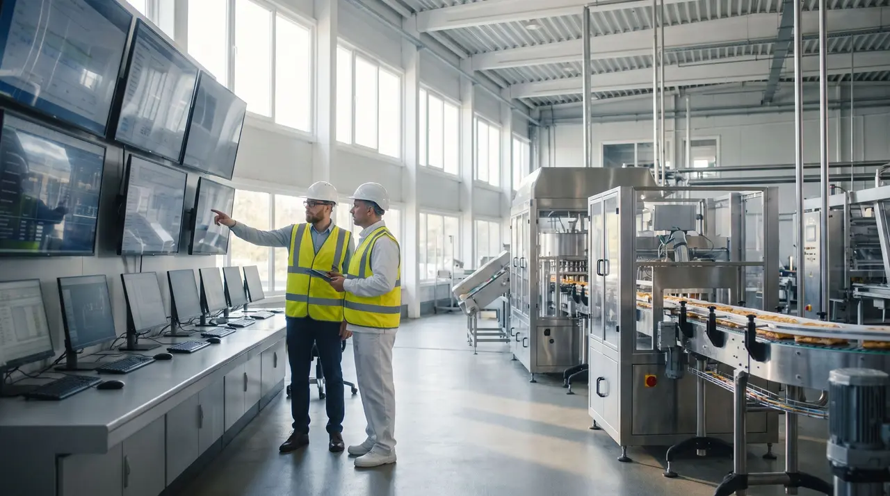 Deux techniciens contrôlent la production sur écran au sein d'une usine agroalimentaire moderne.
