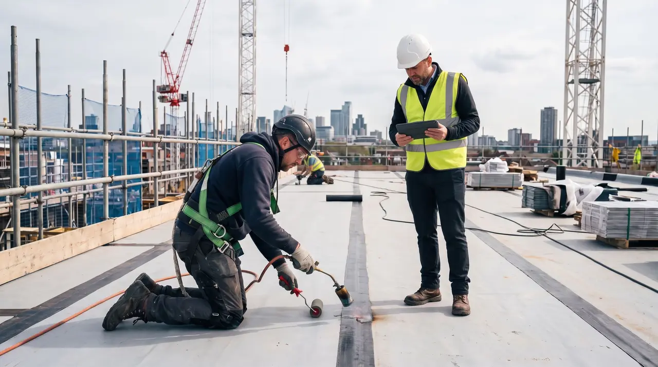 Un couvreur-étancheur travaille sur un toit sous la supervision d'un chef de chantier équipé d'une tablette.