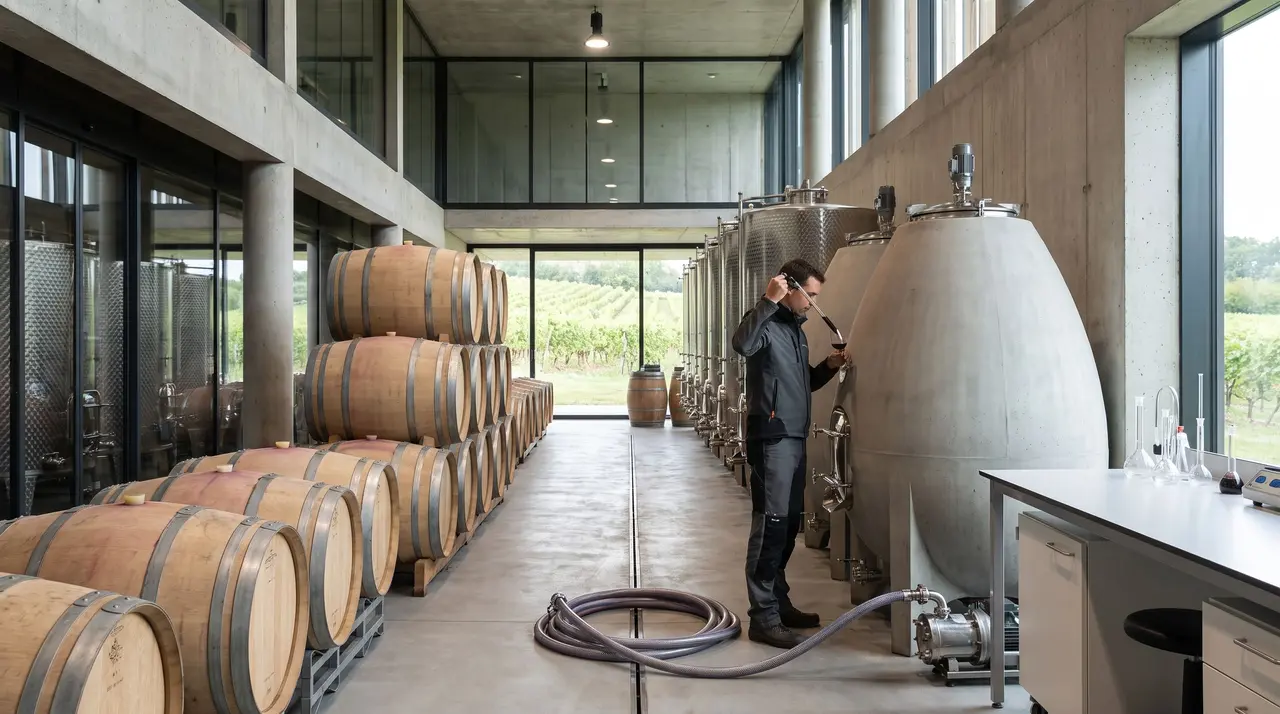 Un caviste déguste un vin dans un chai moderne, entre des fûts de chêne et des cuves en béton.