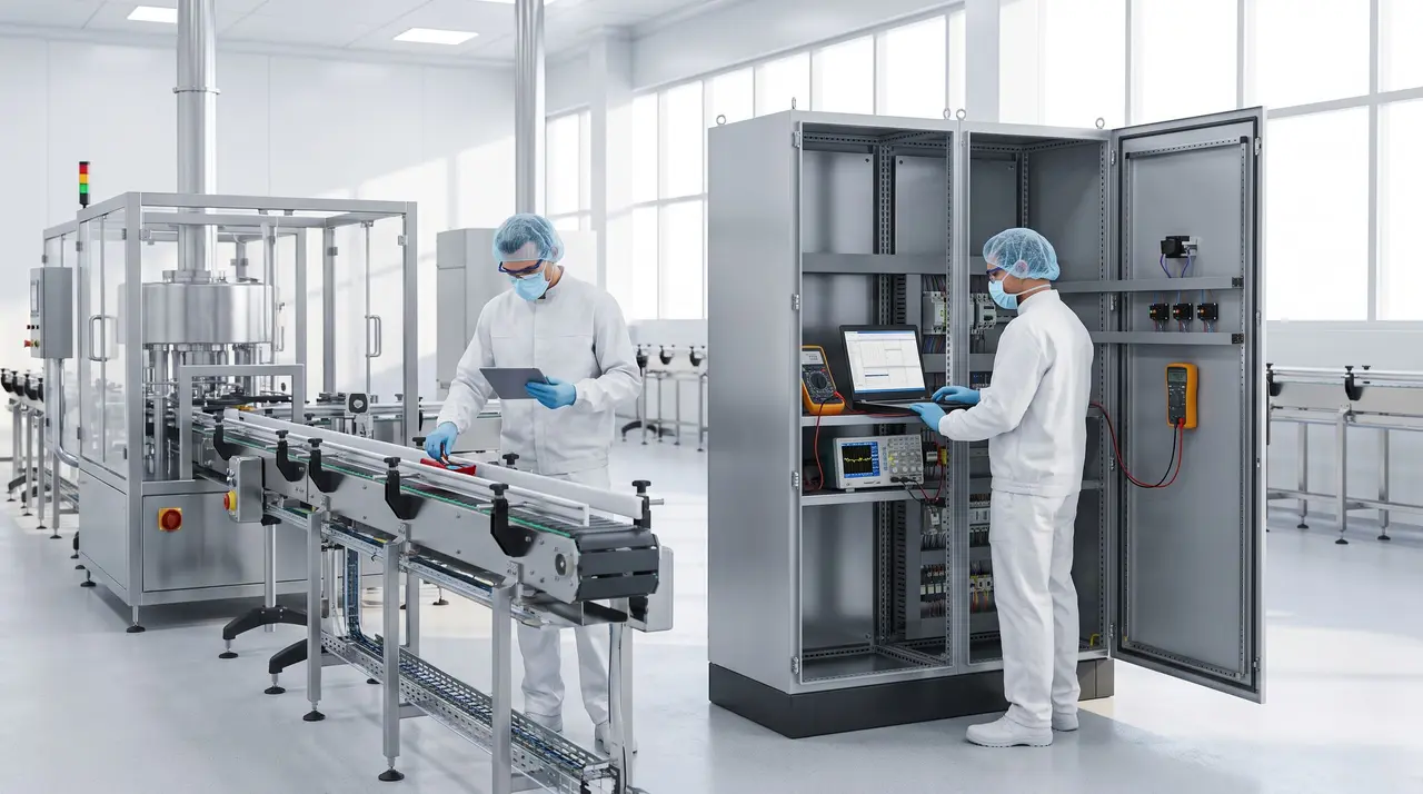 Techniciens de maintenance intervenant sur des équipements industriels au sein d'une usine agroalimentaire.