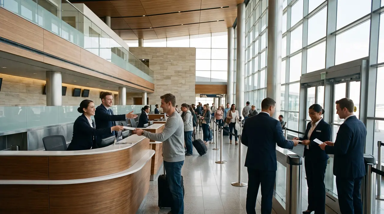 Des agents d'escale accueillent les voyageurs à l'enregistrement et à l'embarquement d'un aéroport.